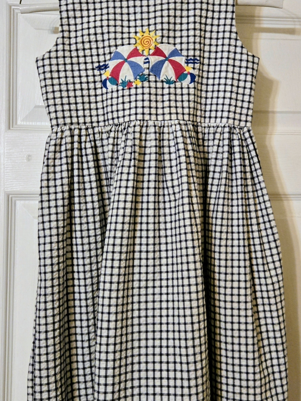 Fast Friends Navy & White Dress with Colorful Embroidered Sun and Umbrellas